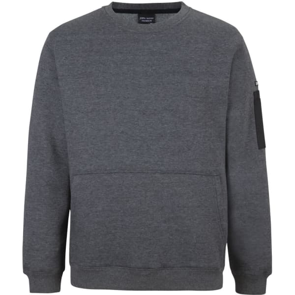 A grey fleece crew neck sweatshirt with a side pocket and a logo on the sleeve.