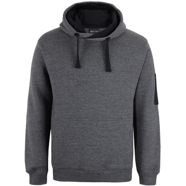 A grey hoodie with a black pocket and drawstrings, featuring a hood and a casual design.