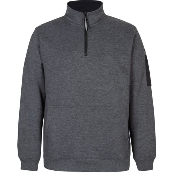 A grey fleece pullover with a half zip and a sleeve pocket, featuring a logo.