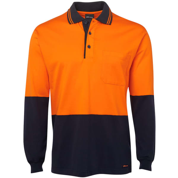 An orange and navy long-sleeve cotton polo featuring a pocket and a logo.