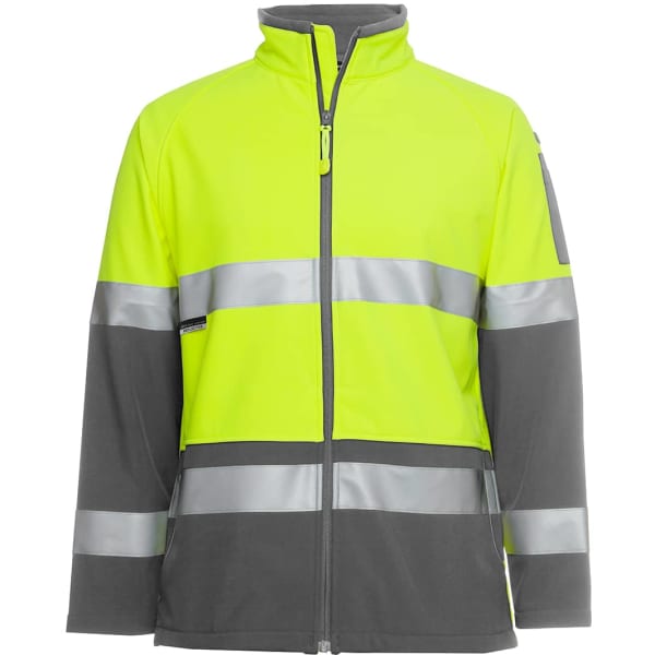 A softshell jacket in bright yellow and grey, featuring reflective strips and a zip front, with a logo on it.