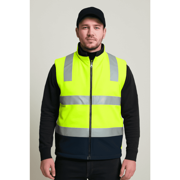 A high-visibility softshell vest in bright yellow with grey reflective stripes, featuring a dark navy base.
