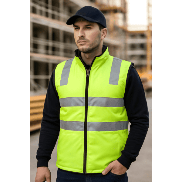 A high-visibility vest in bright yellow with reflective stripes, worn by a man at a construction site.