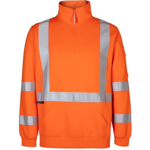 A bright orange fleece jumper featuring reflective strips, with a half zip design and a high collar.