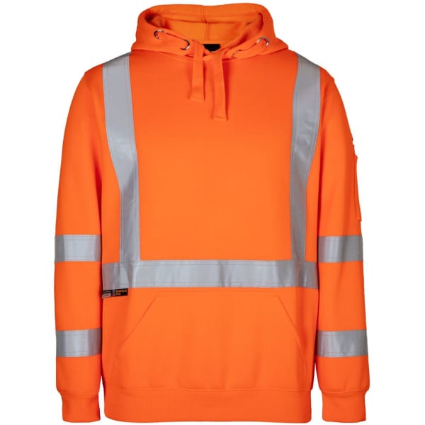 A bright orange hoodie featuring reflective strips and a hood, designed for high visibility use.