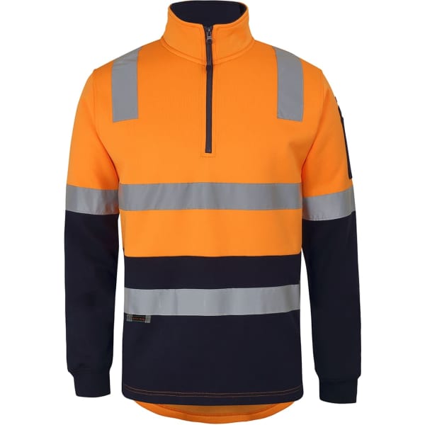 A fleece sweater featuring an orange upper with navy sleeves and reflective strips, designed for high visibility.