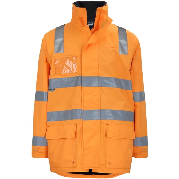 A reflective orange jacket with zip-off sleeves, featuring pockets and a logo on the front.