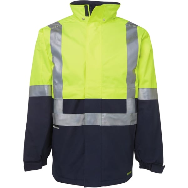 A jacket in lime green and navy with reflective stripes and a high collar. It features a logo on the front.