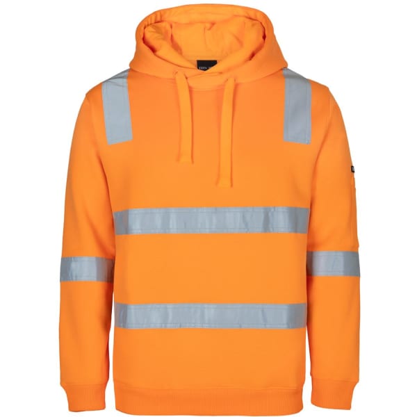 An orange hoodie with reflective silver stripes and a spacious hood. It features a logo on one sleeve.