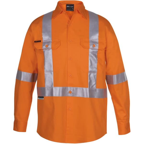 An orange long-sleeve shirt with silver reflective tape and two chest pockets, featuring a logo.