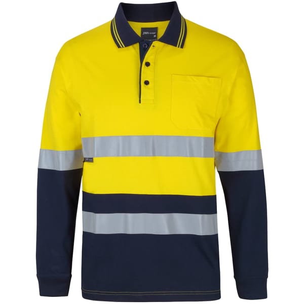 A long-sleeve cotton polo in high visibility yellow, featuring navy blue accents and reflective stripes. It has a chest pocket and a logo.