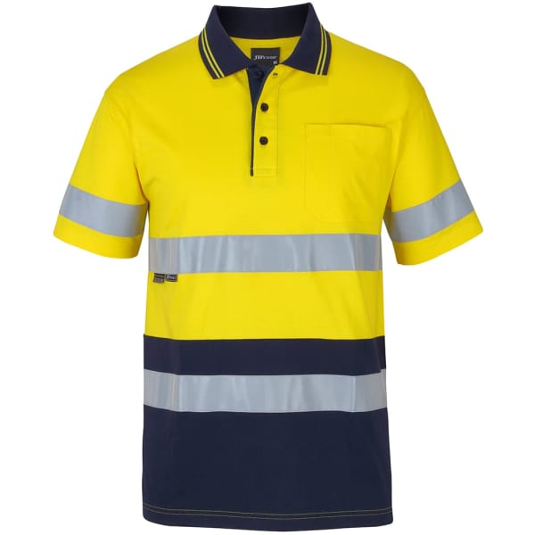 A short-sleeved cotton polo in bright yellow, featuring navy blue stripes and reflective safety bands. It has a pocket and a logo.