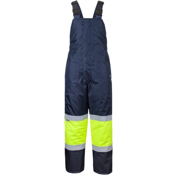 A pair of navy bib and brace overalls with lime reflective stripes and adjustable straps. It features a logo.