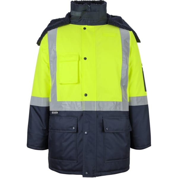 A lime and navy freezer jacket with reflective strips and multiple pockets, featuring a high collar and hood.