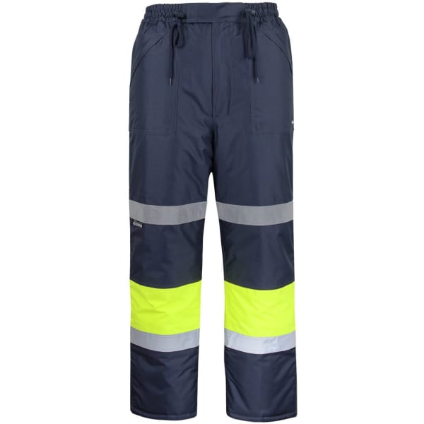Navy and lime freezer pants featuring reflective tape strips and an elastic waistband. Includes pockets for storage.
