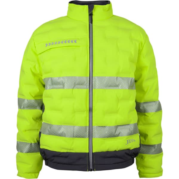 A bright yellow puffer jacket with reflective stripes and a black lower section, featuring a logo on the chest.