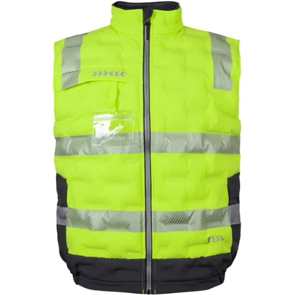 A high-visibility yellow puffer vest featuring reflective strips and a dark grey base, with a logo present.
