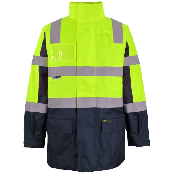 A high-visibility jacket in bright yellow and navy, featuring reflective stripes and pockets. It has a logo on it.