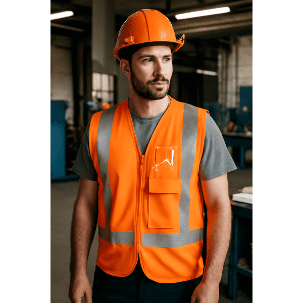 An orange safety vest with reflective stripes, worn by a man in a hard hat, inside an industrial setting.