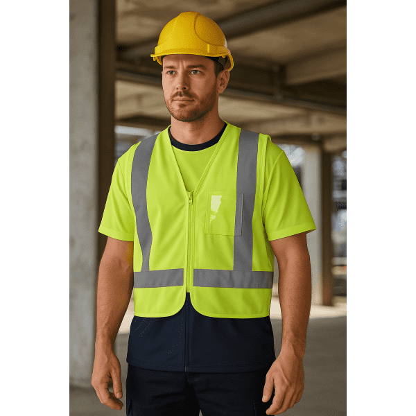A high-visibility lime vest with reflective stripes, worn by a man in a hard hat on a construction site.