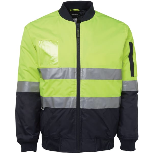 A high-visibility jacket in bright yellow and navy with reflective stripes and a zip-up front. It features a logo.