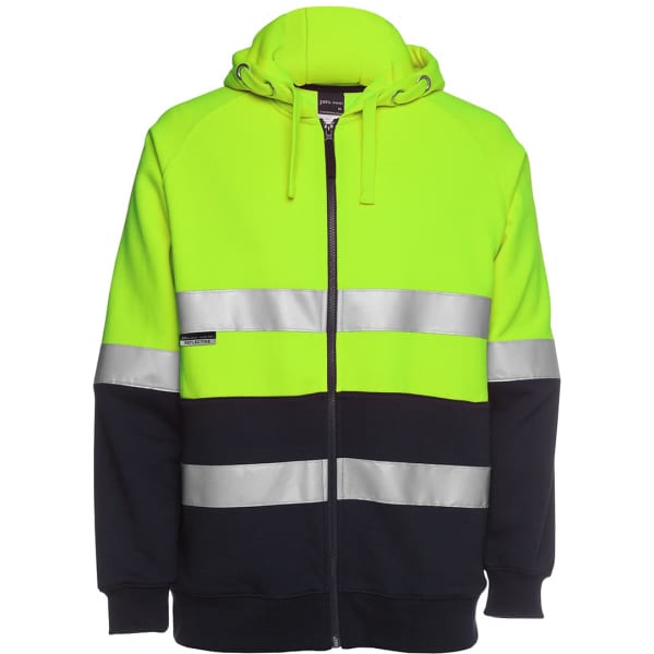 A high-visibility hoodie featuring bright yellow and navy colours with reflective stripes and a hood.