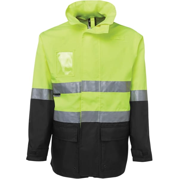 A high-visibility jacket in fluorescent yellow with black accents and reflective stripes, featuring a front pocket and a hood.
