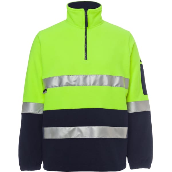 A high-visibility polar fleece jumper in bright yellow and navy, featuring reflective stripes and a half-zip design.