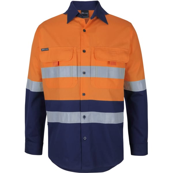 An orange and navy long-sleeve shirt with reflective stripes and a logo on the chest.