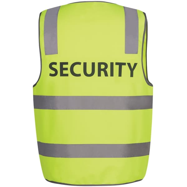 A safety vest in bright lime green with reflective grey stripes and a branding logo.