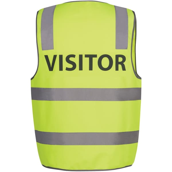A safety vest in bright lime green with reflective stripes and a 
