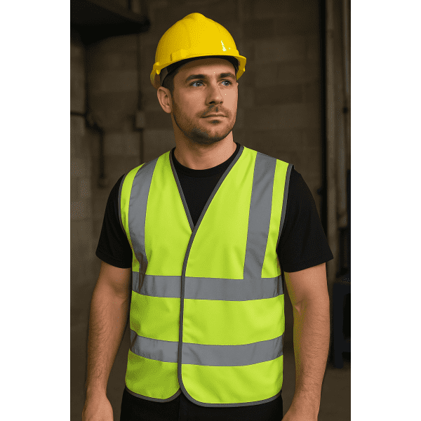 A safety vest in fluorescent yellow with reflective stripes worn by a man in a black shirt and yellow hard hat.