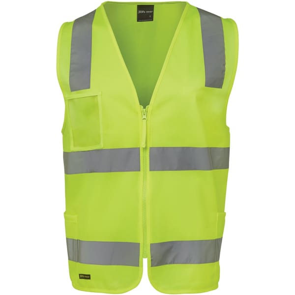 A high-visibility safety vest in bright yellow, featuring reflective grey stripes and multiple pockets.