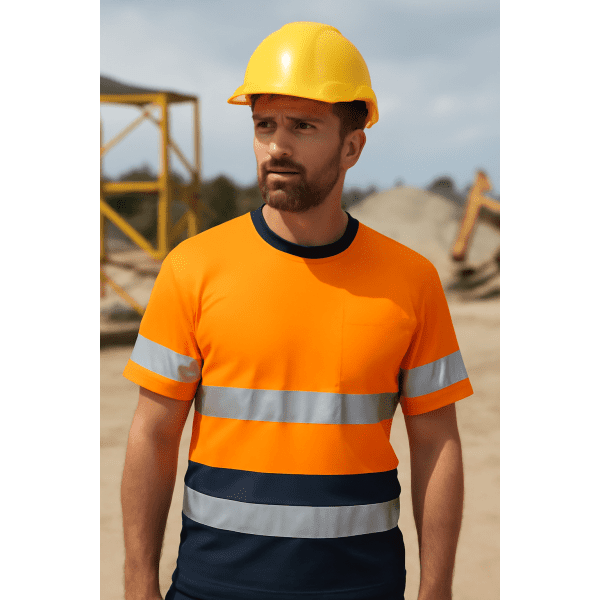 A high-visibility orange and navy cotton t-shirt featuring reflective strips, worn by a person with a yellow hard hat.