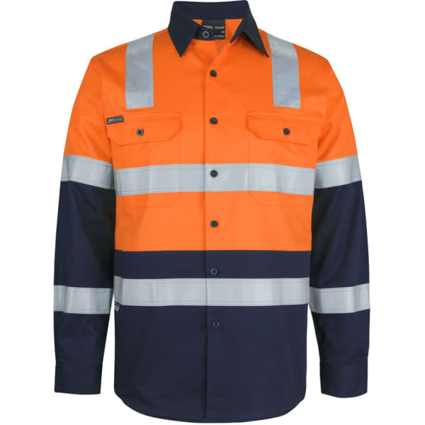 Long-sleeve shirt in vibrant orange and navy, featuring reflective strips and two chest pockets. Includes a logo.