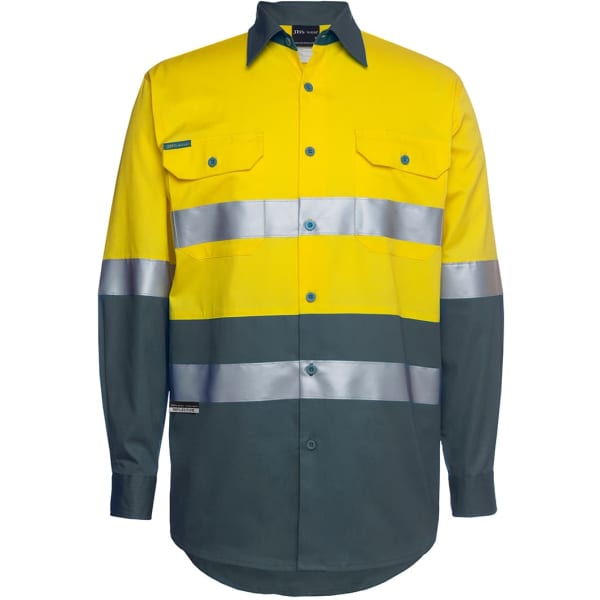 High-visibility long sleeve shirt in yellow and dark green with reflective strips and two front pockets.
