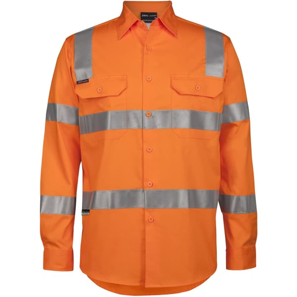 High-visibility long-sleeve shirt in orange with reflective grey stripes and two chest pockets. Features branding on labels.