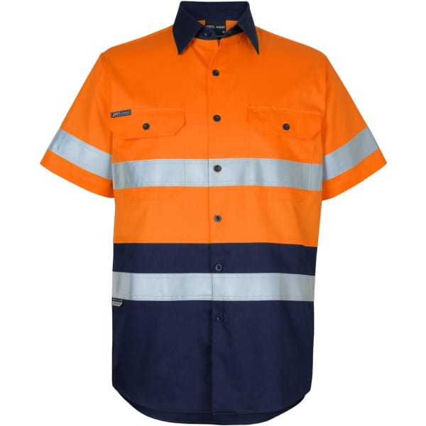 A short-sleeved shirt in bright orange and navy, featuring reflective stripes and front pockets. Includes a logo.