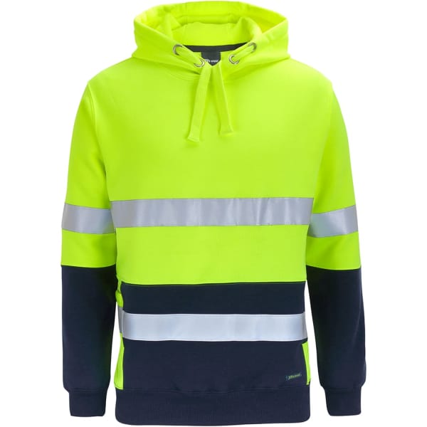 A high-visibility hoodie in fluorescent yellow and navy, featuring reflective stripes and a hood.