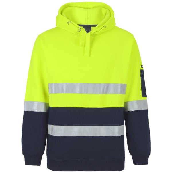 A high-visibility pullover hoodie in bright yellow and navy, featuring reflective stripes and a pocket on the sleeve.