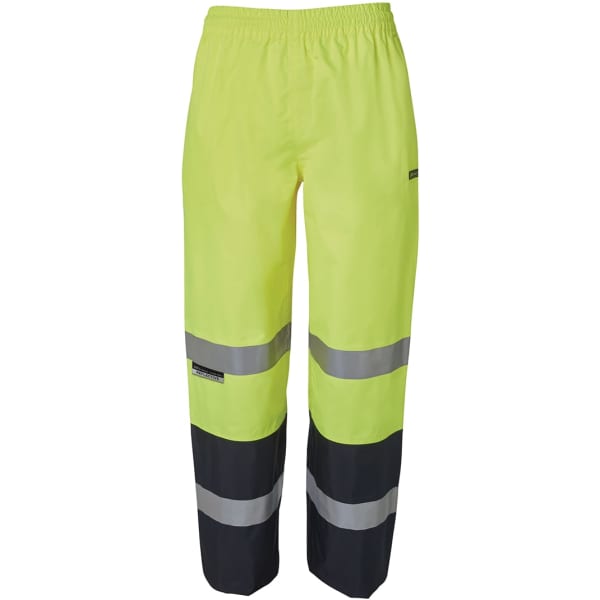 A pair of premium rain pants in bright yellow with reflective grey stripes and a black lower section.