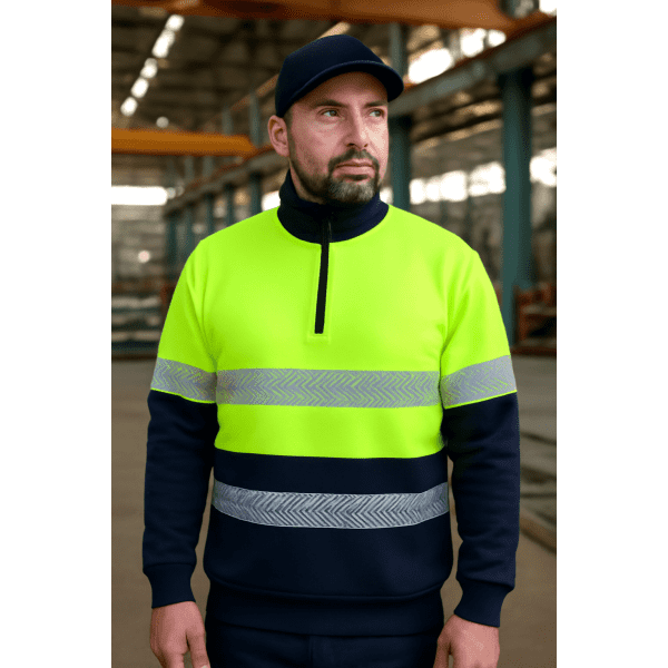 High-visibility fleece pullover in bright yellow and navy, featuring reflective stripes. Includes a logo on the chest.