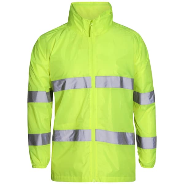A bright lime jacket with reflective silver stripes and a zip front. Features a high collar and long sleeves.