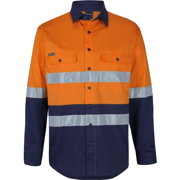 High visibility long-sleeve shirt in orange and navy with reflective tape and two breast pockets. Features a logo.