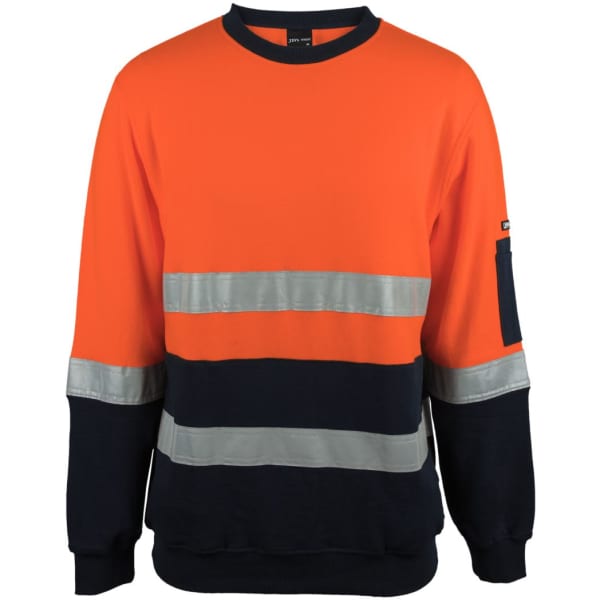 A crew neck fleece in orange and navy, featuring reflective stripes and a logo on the sleeve.