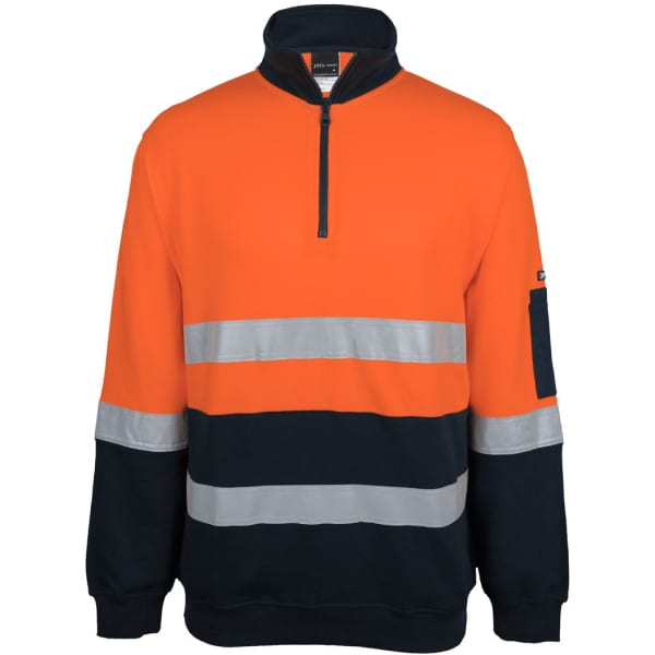 An orange and navy half-zip fleece with reflective stripes and a pocket on the sleeve. It features a logo.