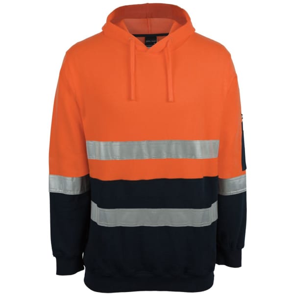 An orange and navy pullover fleece hoodie with reflective stripes and a hood. Features a logo on one sleeve.