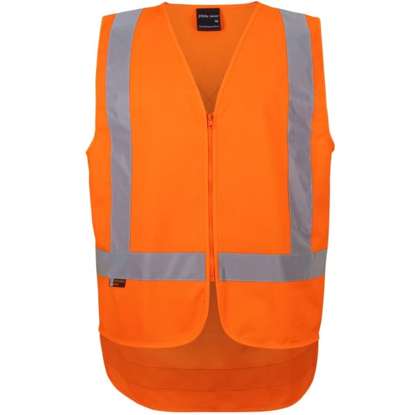 An orange safety vest with silver reflective stripes and a front zipper, featuring a logo.