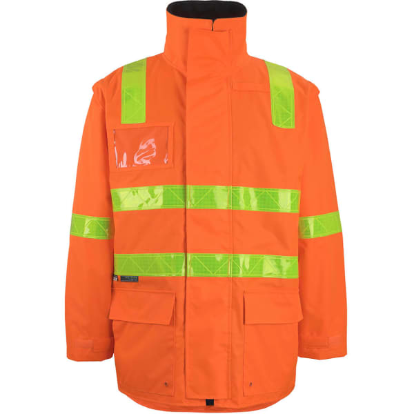An orange jacket with reflective yellow stripes and a logo, featuring a zip-off sleeve design.