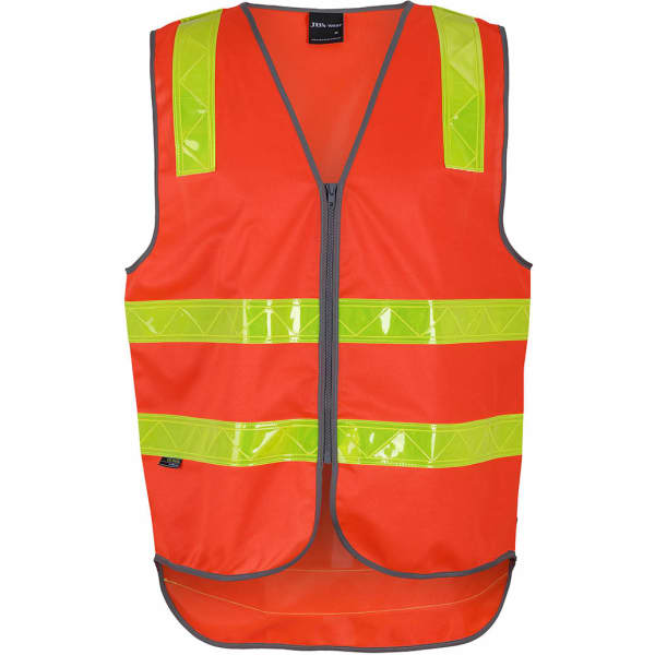 An orange safety vest with yellow reflective stripes and a front zip. It features a branding logo.